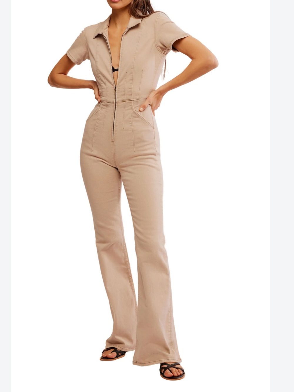 Free People We The Free Jayde Flare Denim Jumpsuit Color Blushing